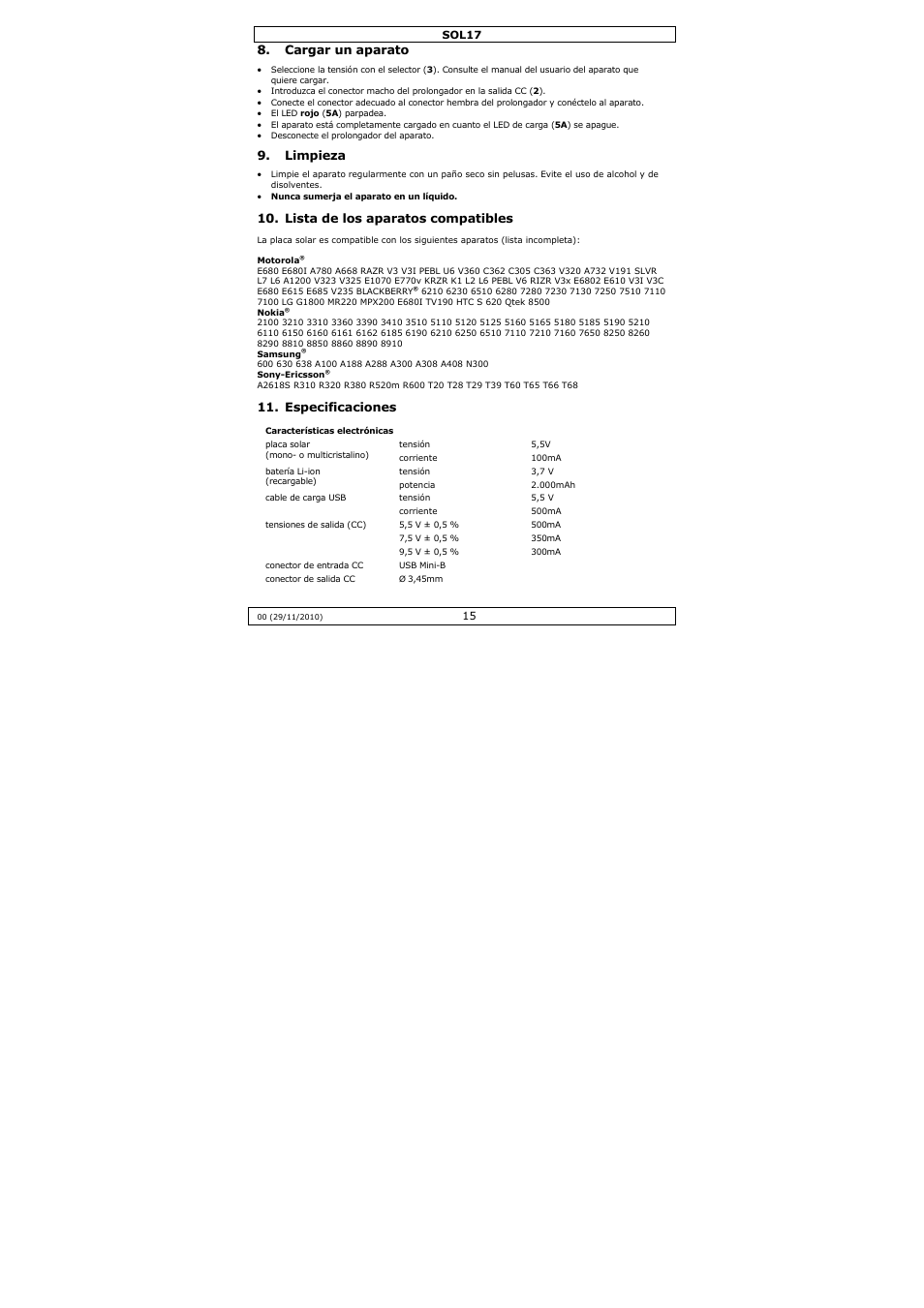 Cargar un aparato, Limpieza, Lista de los aparatos compatibles | Especificaciones | Velleman SOL17 User Manual | Page 15 / 36