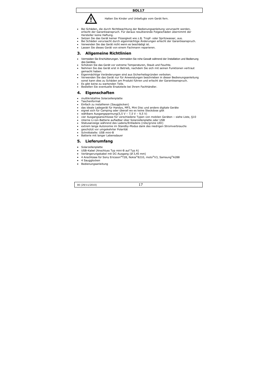 Allgemeine richtlinien, Eigenschaften, Lieferumfang | Velleman SOL17 User Manual | Page 17 / 36