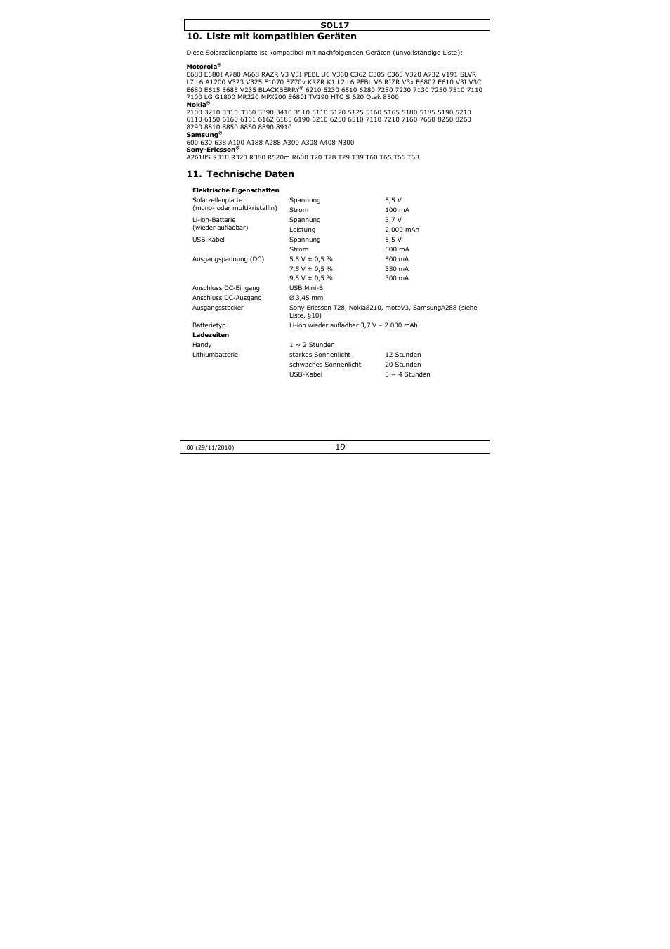 Liste mit kompatiblen geräten, Technische daten | Velleman SOL17 User Manual | Page 19 / 36