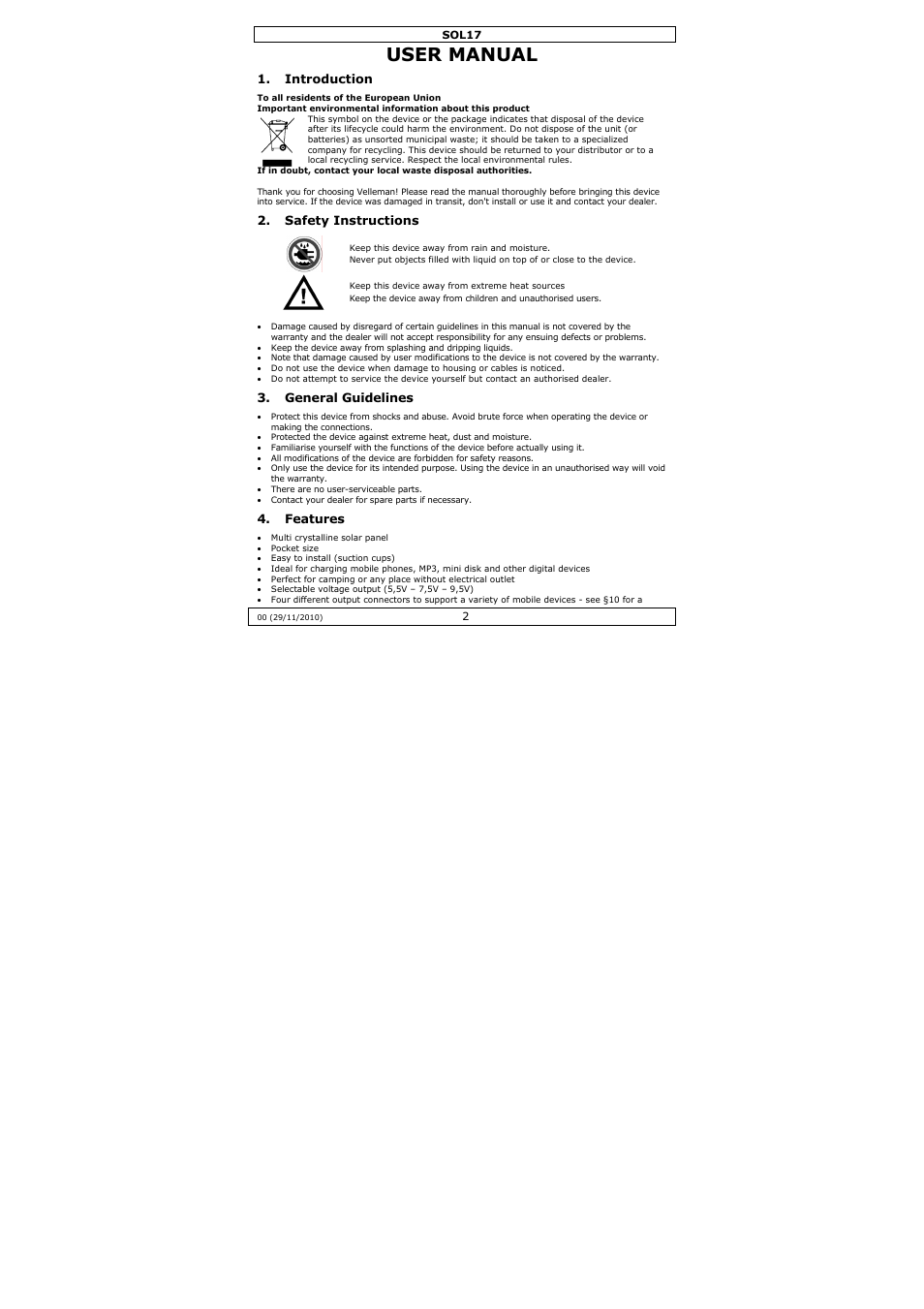 User manual | Velleman SOL17 User Manual | Page 2 / 36