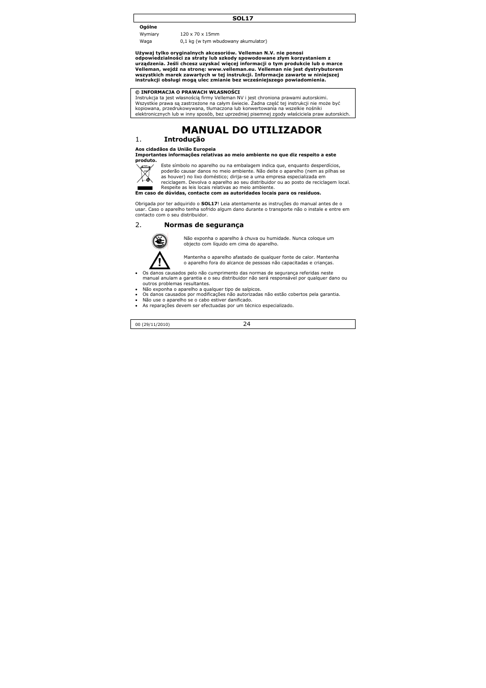 Manual do utilizador | Velleman SOL17 User Manual | Page 24 / 36