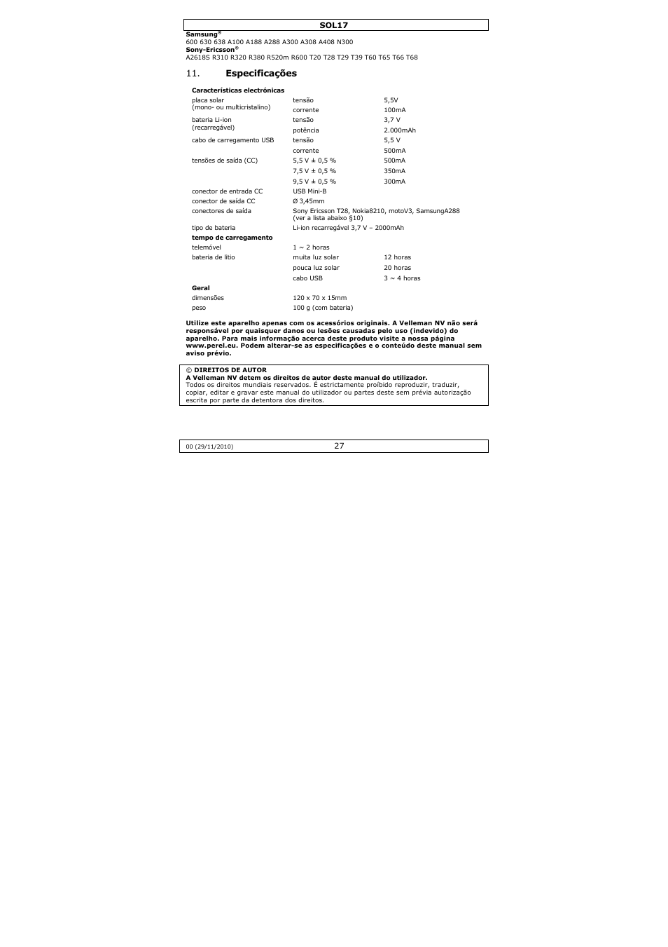 Especificações | Velleman SOL17 User Manual | Page 27 / 36