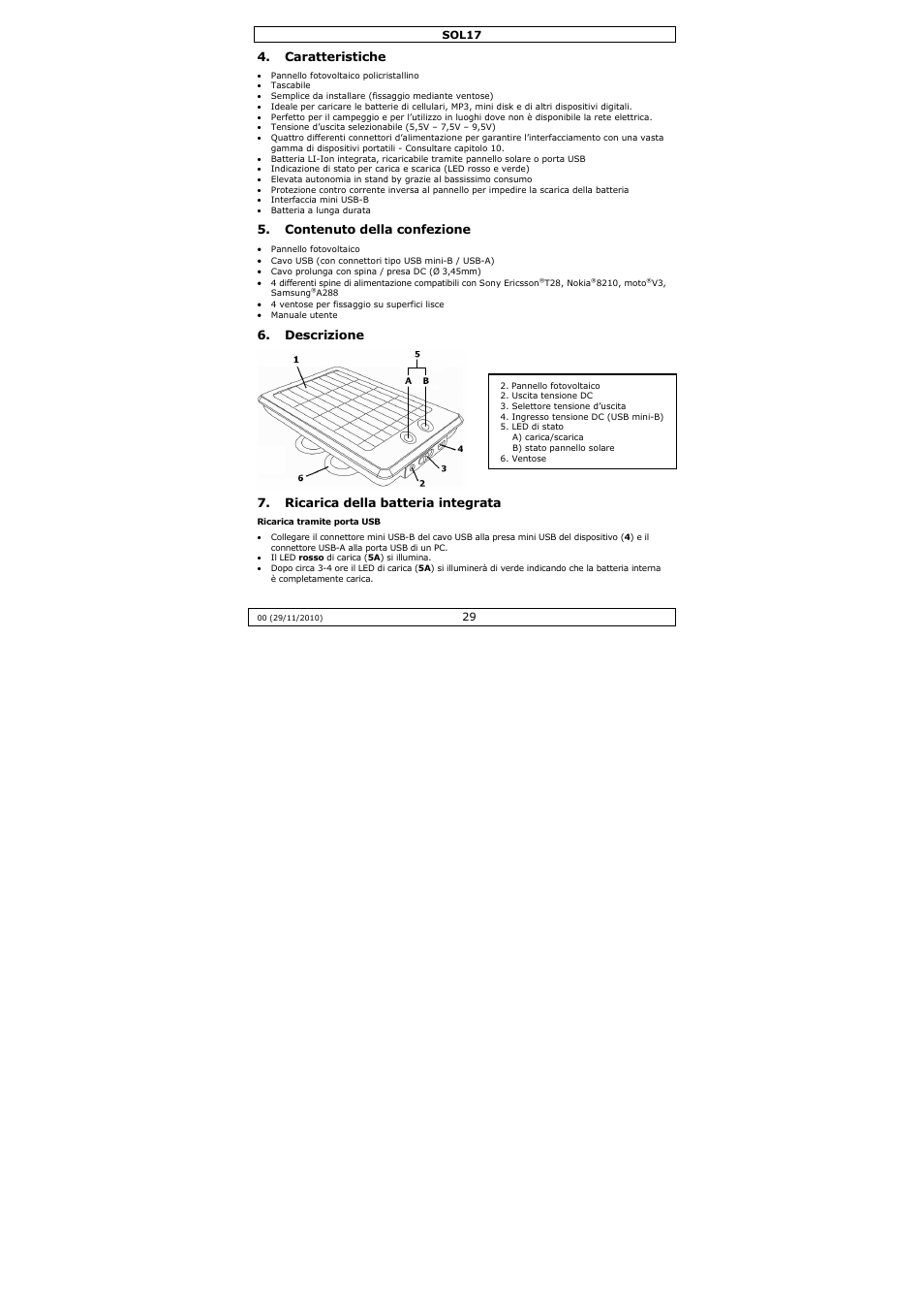 Caratteristiche, Contenuto della confezione, Descrizione | Ricarica della batteria integrata | Velleman SOL17 User Manual | Page 29 / 36