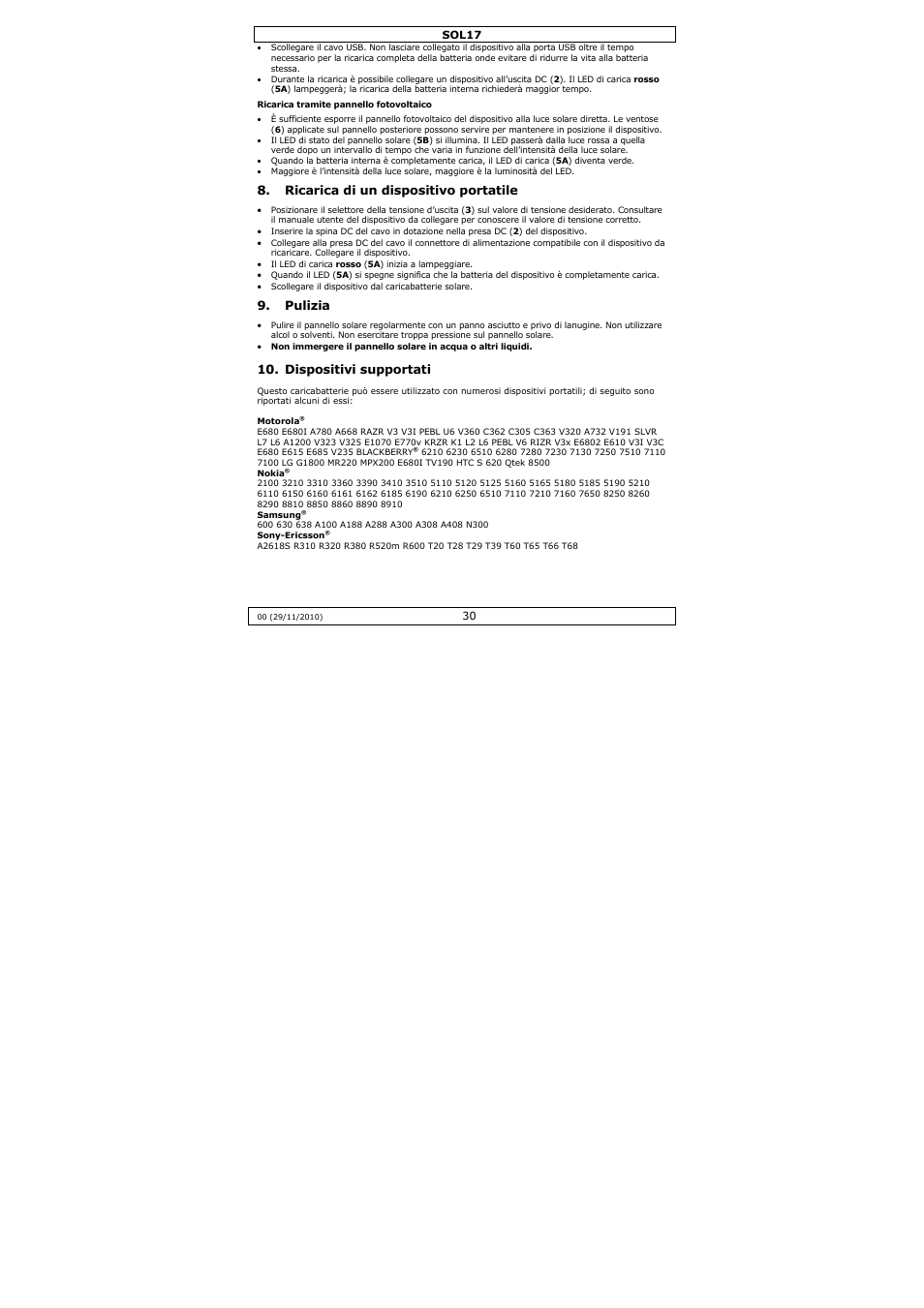 Ricarica di un dispositivo portatile, Pulizia, Dispositivi supportati | Velleman SOL17 User Manual | Page 30 / 36