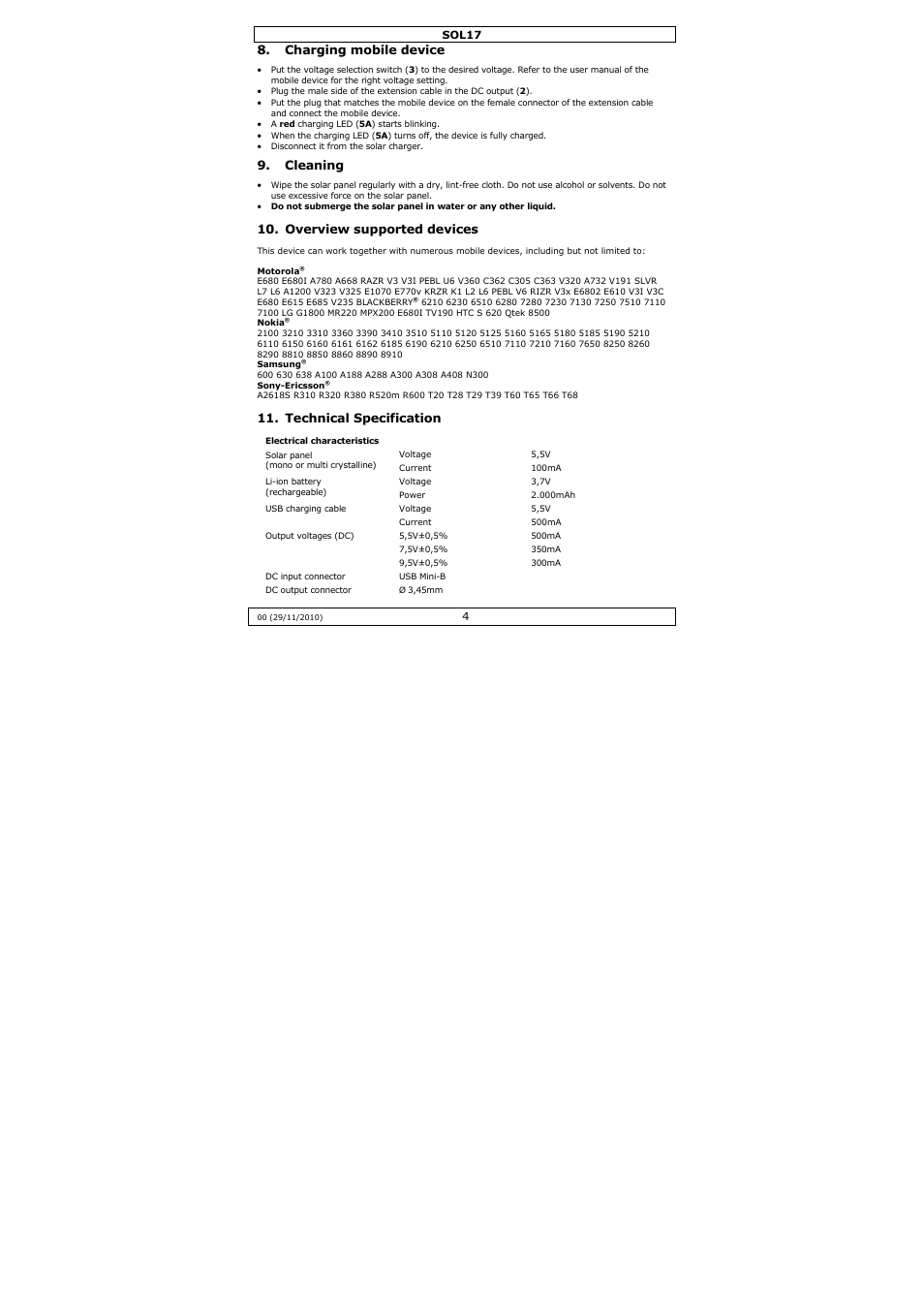 Charging mobile device, Cleaning, Overview supported devices | Technical specification | Velleman SOL17 User Manual | Page 4 / 36
