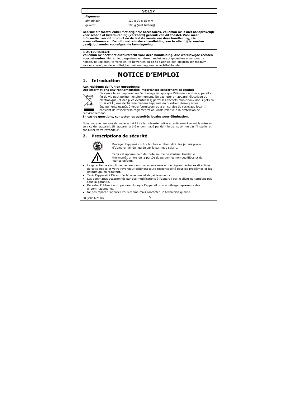 Notice d’emploi | Velleman SOL17 User Manual | Page 9 / 36