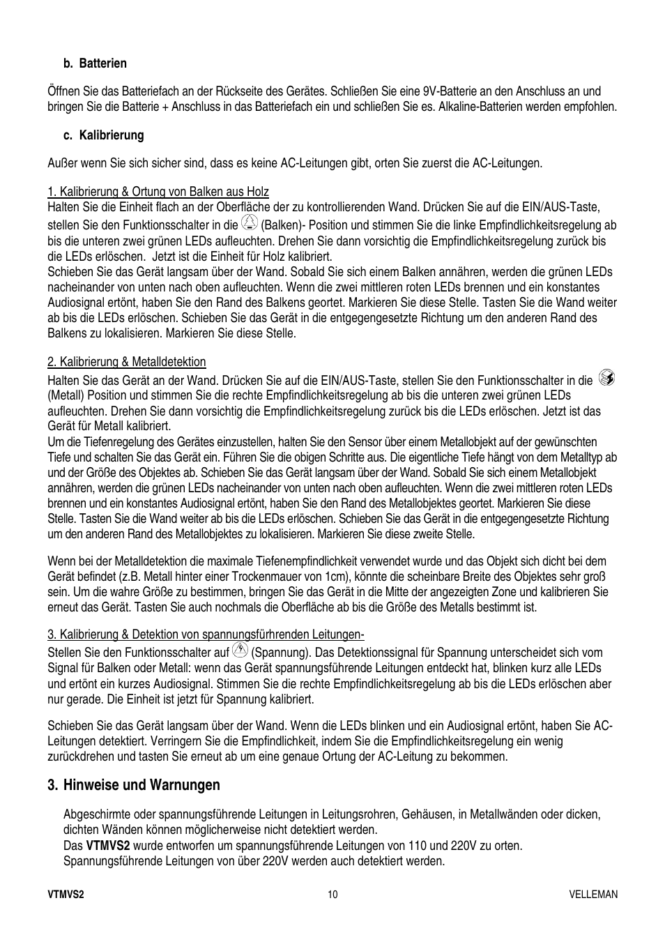 Hinweise und warnungen | Velleman VTMVS2 User Manual | Page 10 / 11