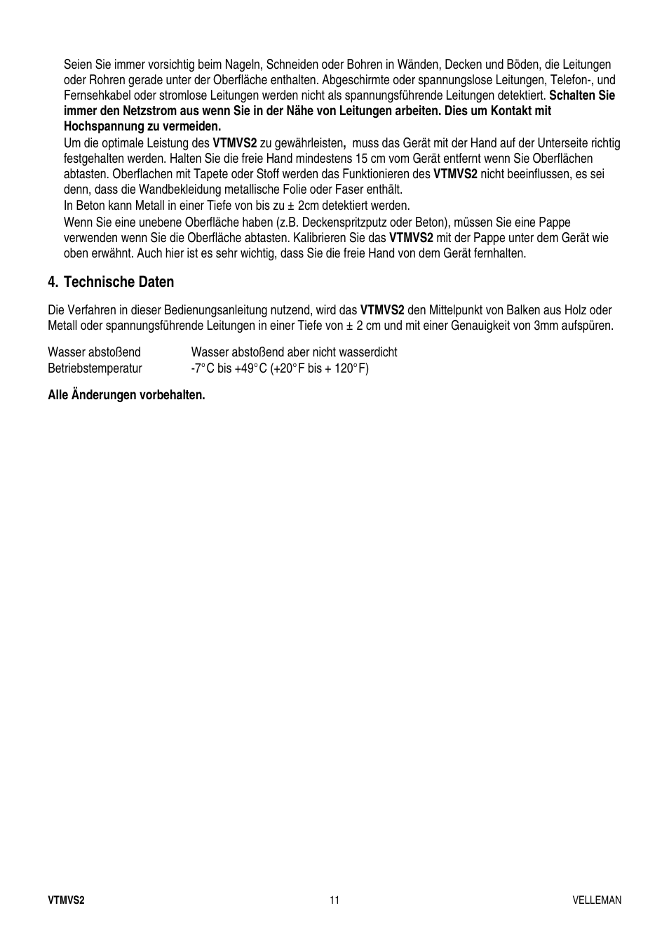 Technische daten | Velleman VTMVS2 User Manual | Page 11 / 11
