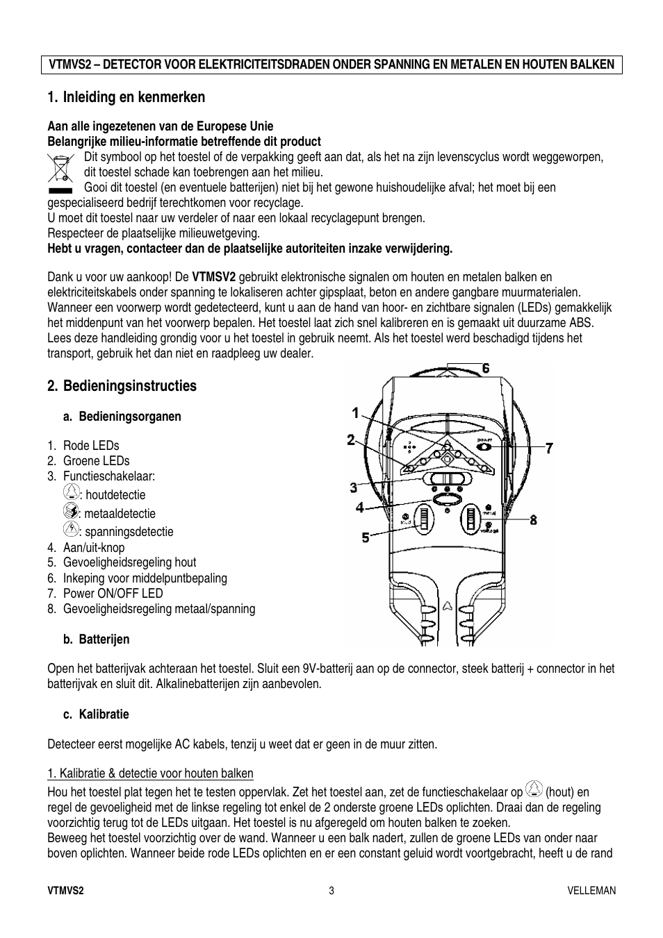 Inleiding en kenmerken, Bedieningsinstructies | Velleman VTMVS2 User Manual | Page 3 / 11