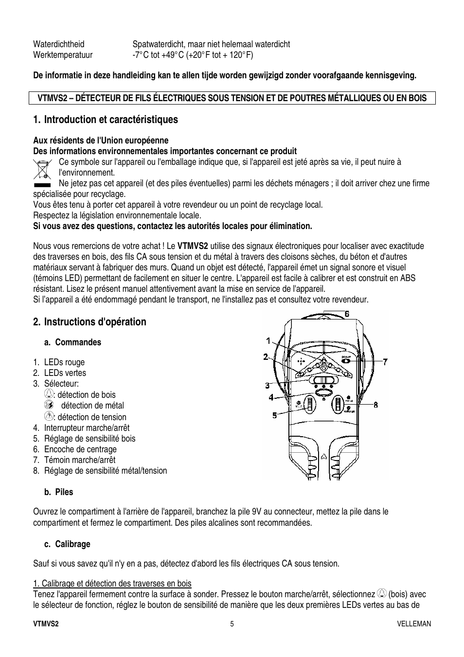 Introduction et caractéristiques, Instructions d'opération | Velleman VTMVS2 User Manual | Page 5 / 11