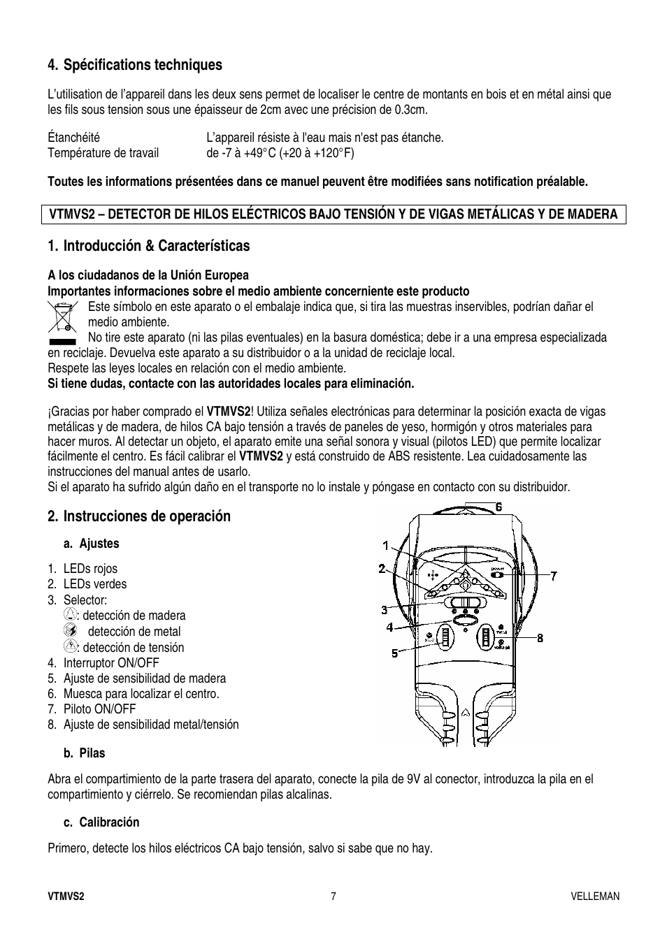 Spécifications techniques, Introducción & características, Instrucciones de operación | Velleman VTMVS2 User Manual | Page 7 / 11
