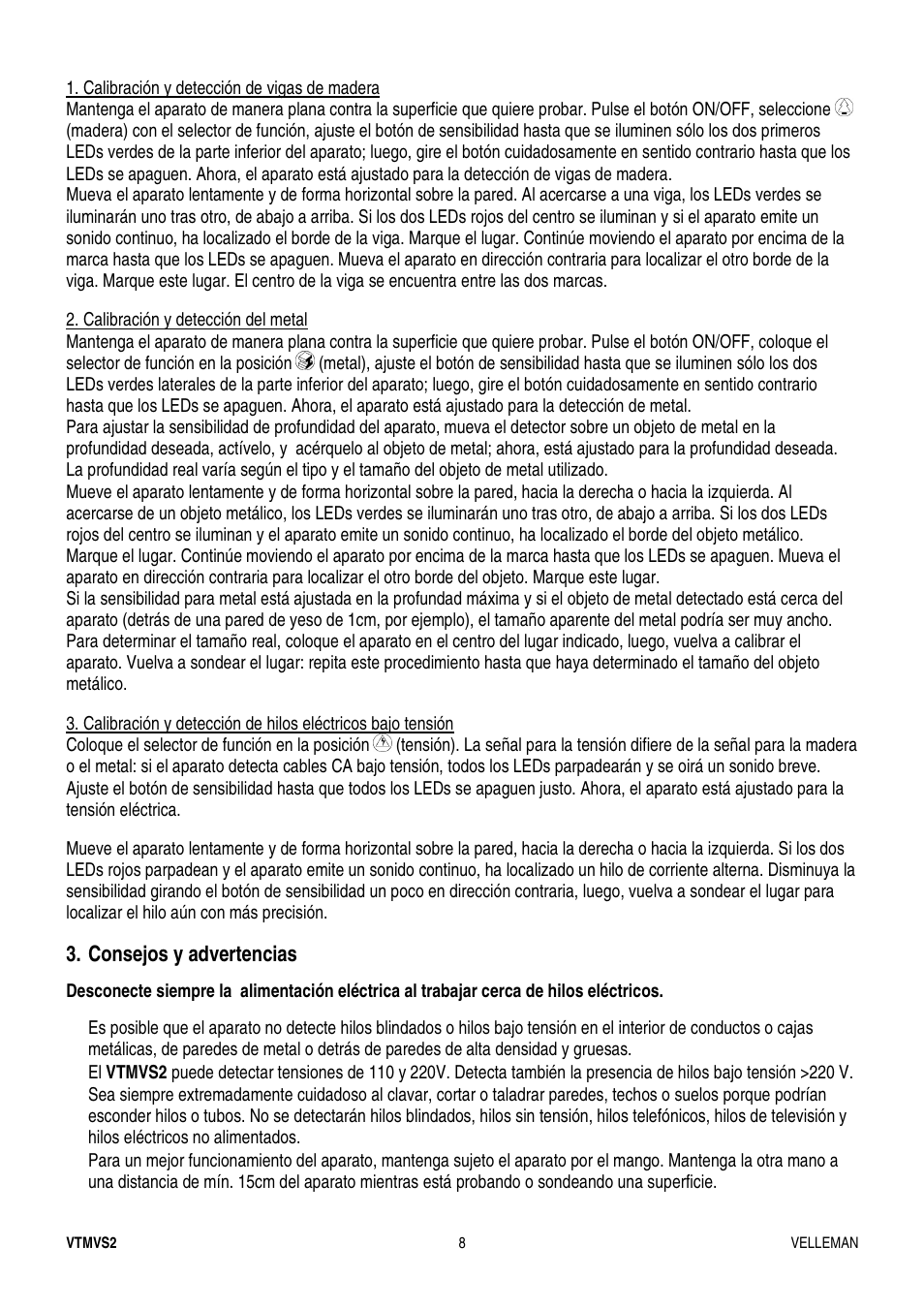 Consejos y advertencias | Velleman VTMVS2 User Manual | Page 8 / 11