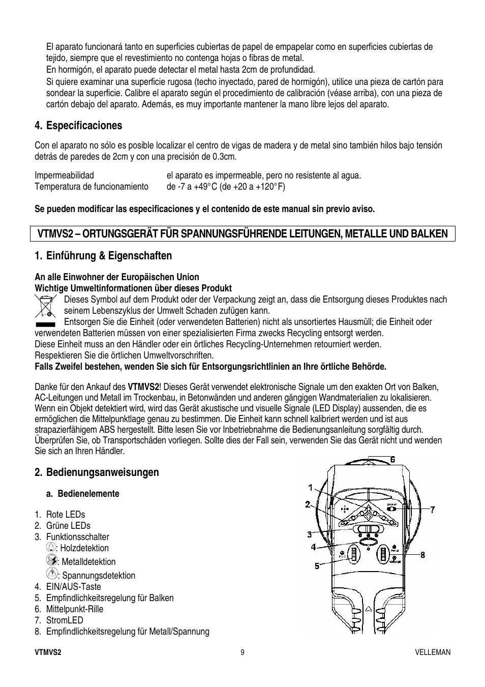 Especificaciones, Einführung & eigenschaften, Bedienungsanweisungen | Velleman VTMVS2 User Manual | Page 9 / 11