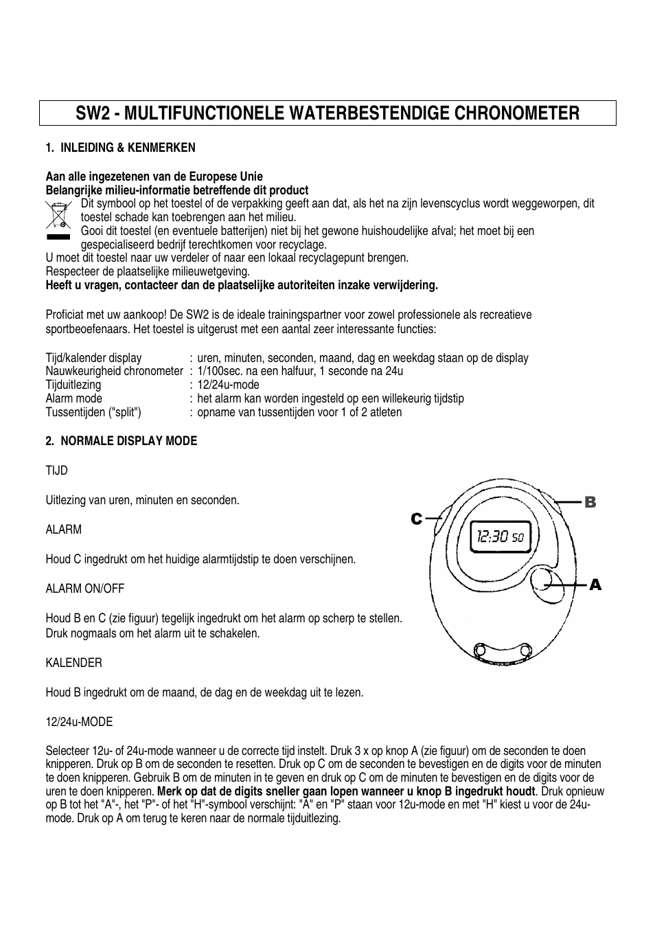 Sw2 - multifunctionele waterbestendige chronometer | Velleman SW2 User Manual | Page 3 / 10