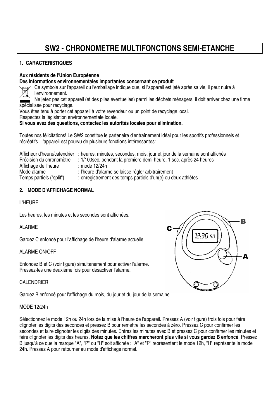 Sw2 - chronometre multifonctions semi-etanche | Velleman SW2 User Manual | Page 5 / 10