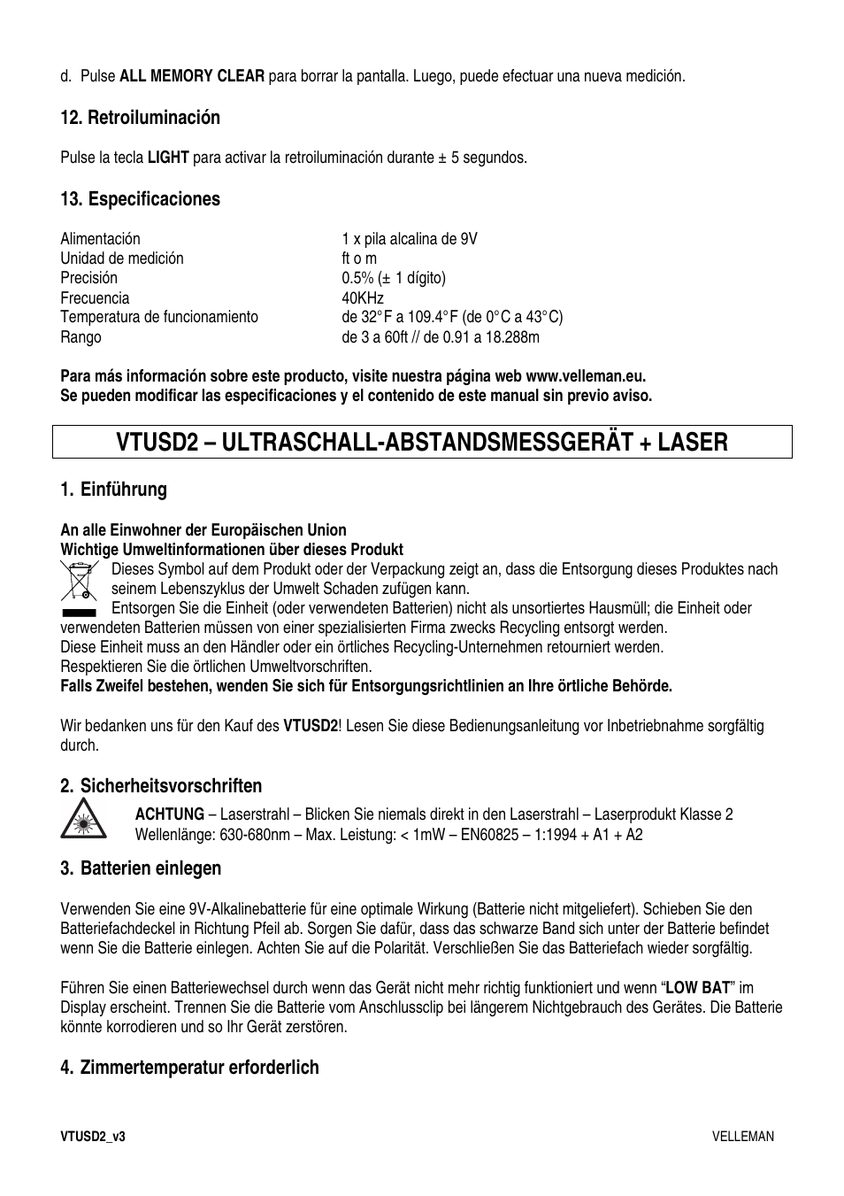 Vtusd2 – ultraschall-abstandsmessgerät + laser | Velleman VTUSD2 User Manual | Page 12 / 15
