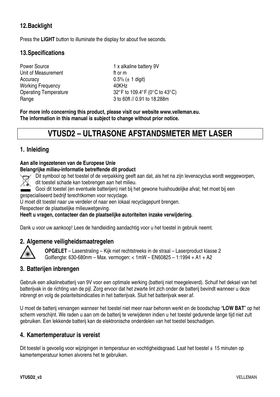 Vtusd2 – ultrasone afstandsmeter met laser | Velleman VTUSD2 User Manual | Page 3 / 15