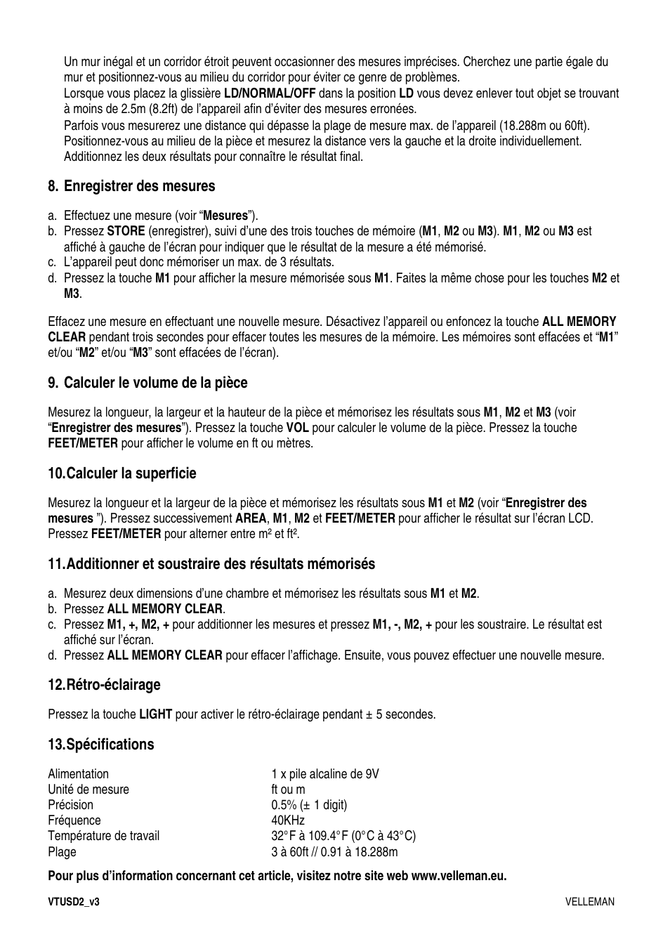 Enregistrer des mesures, Calculer le volume de la pièce, Calculer la superficie | Additionner et soustraire des résultats mémorisés, Rétro-éclairage, Spécifications | Velleman VTUSD2 User Manual | Page 8 / 15