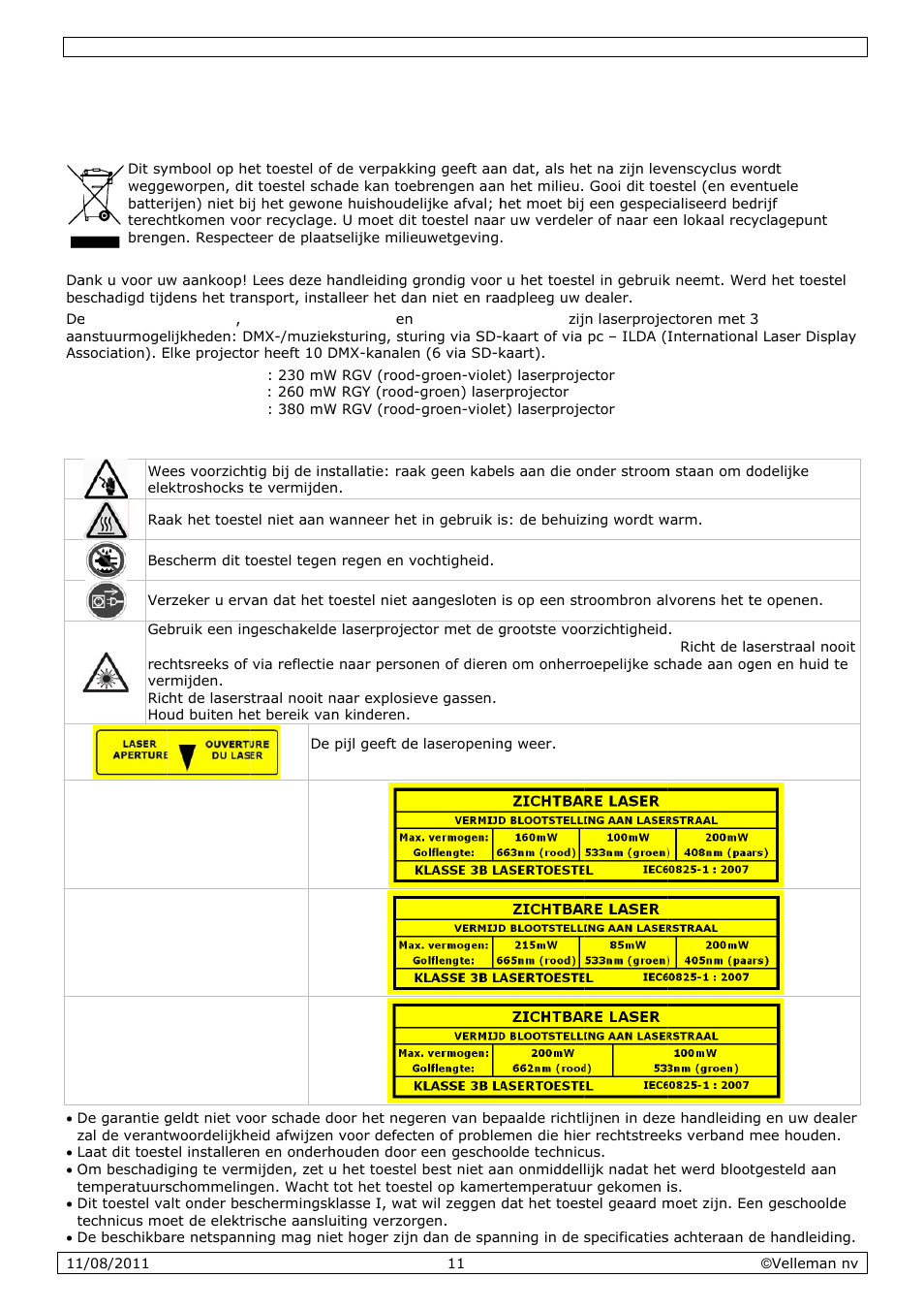 Gebruikershandleiding, Gebruik, Kershan | Ndleidin, Inleidin, Veilighe, Eidsinstr, Ructies | Velleman VDP2301RGVLD10 User Manual | Page 11 / 45