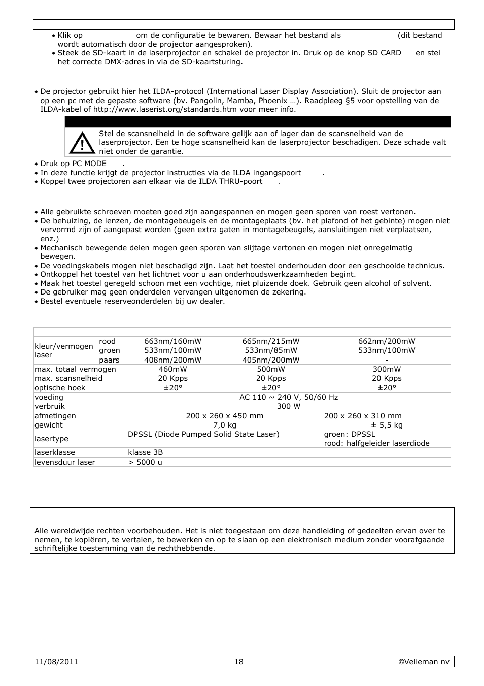 Reiniging en onderhoud, Technische specificaties | Velleman VDP2301RGVLD10 User Manual | Page 18 / 45