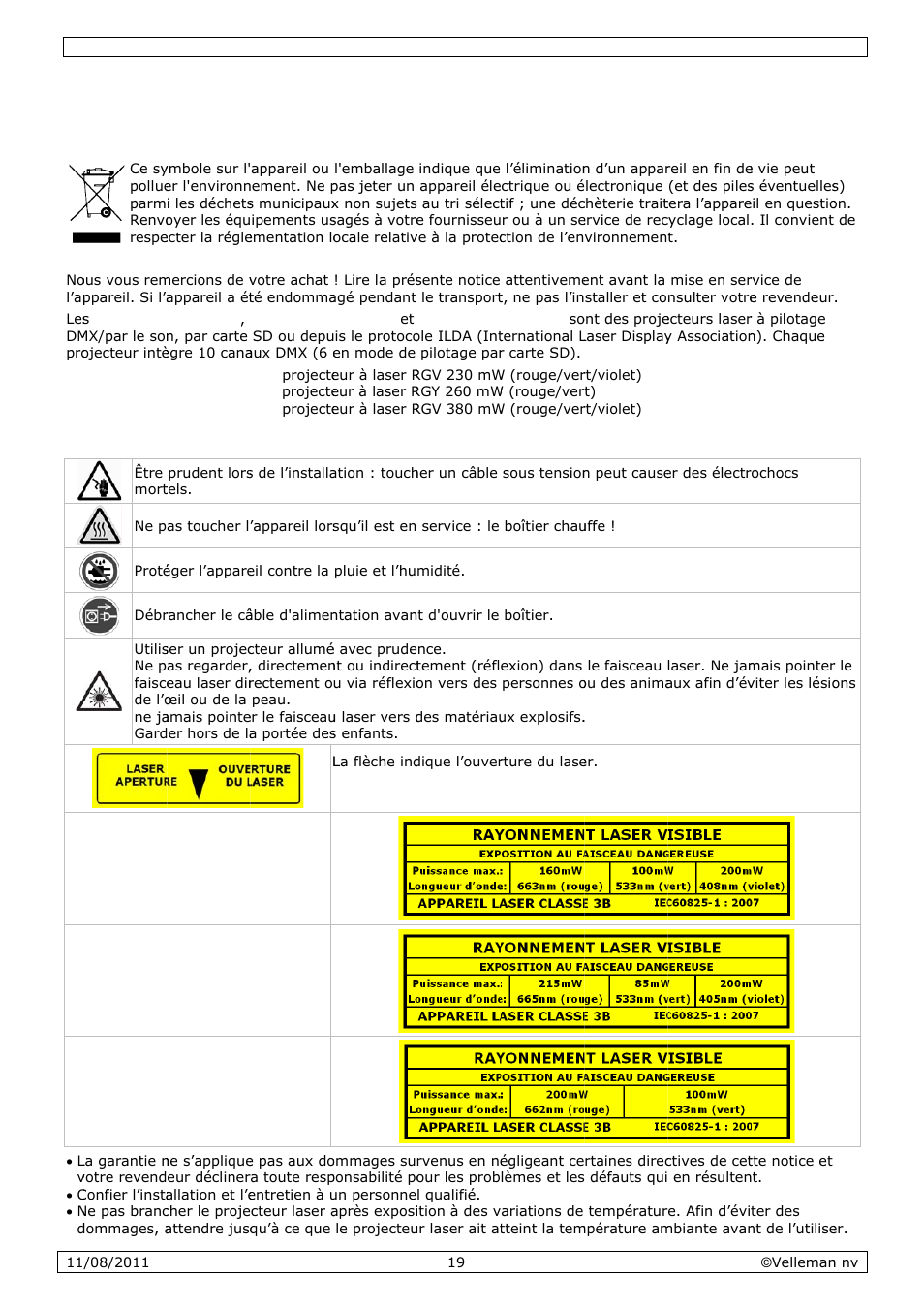 Notice d'emploi, Noti, Ce d’em | Mploi, Introdu, Prescri, Uction, Ptions d, E sécurit | Velleman VDP2301RGVLD10 User Manual | Page 19 / 45