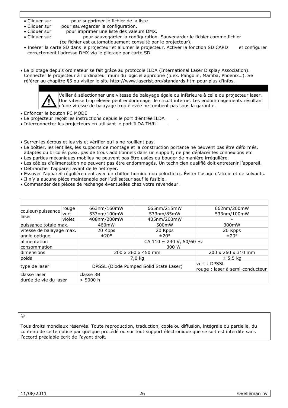 Nettoyage et entretien, Spécifications techniques | Velleman VDP2301RGVLD10 User Manual | Page 26 / 45