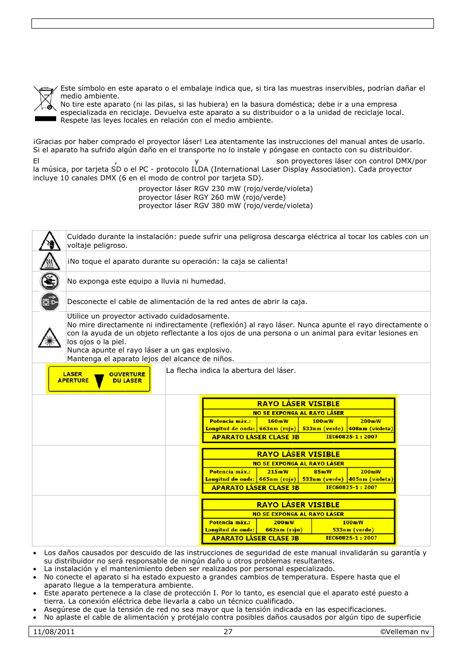 Manual del usuario, Manual, L del u | Usuari, Introdu, Instruc, Ucción, Cciones d, De segur, Idad | Velleman VDP2301RGVLD10 User Manual | Page 27 / 45