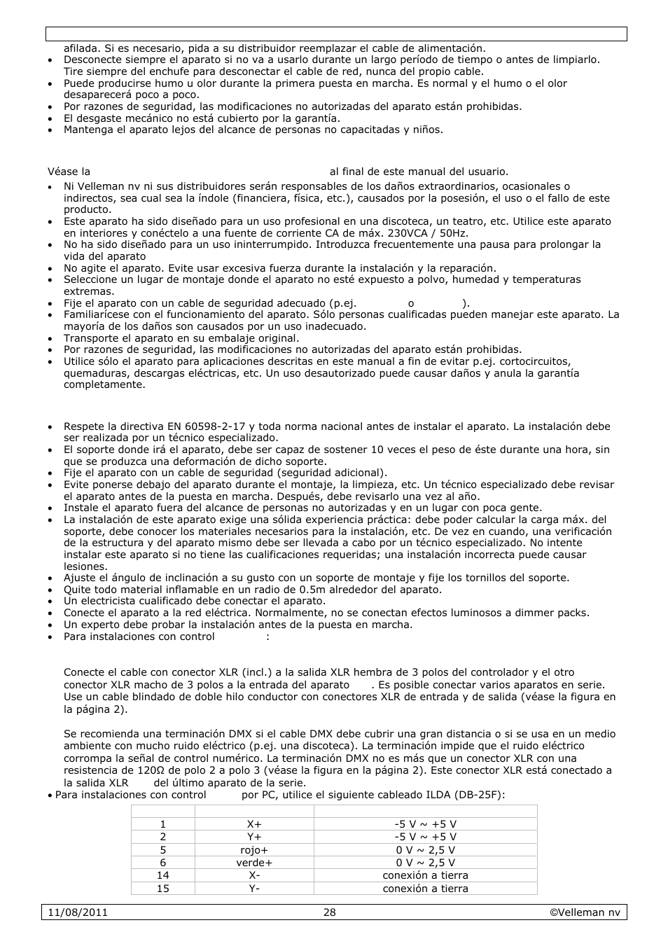 Normas generales, Montaje/conexión del proyector | Velleman VDP2301RGVLD10 User Manual | Page 28 / 45