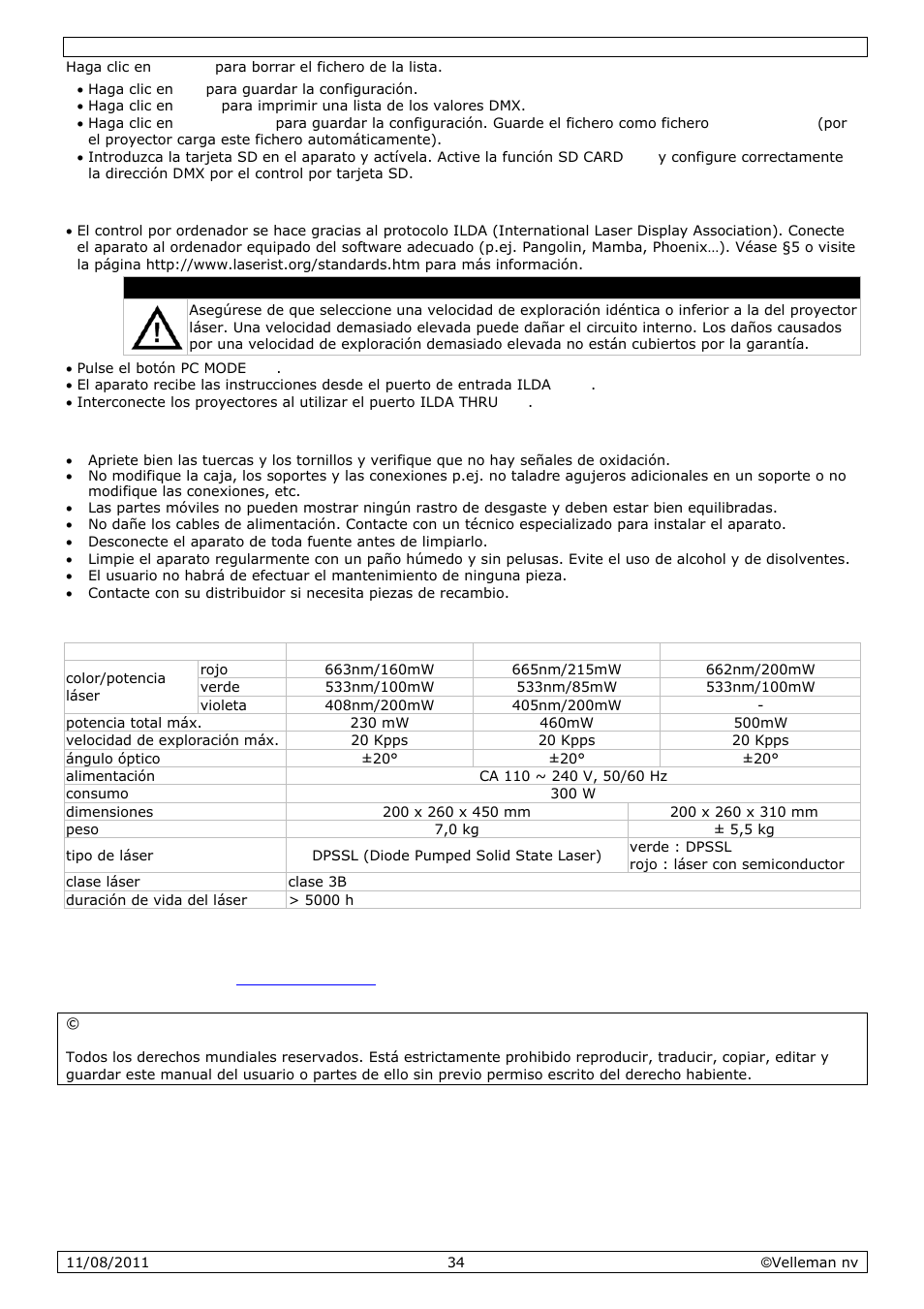 Limpieza y mantenimiento, Especificaciones | Velleman VDP2301RGVLD10 User Manual | Page 34 / 45