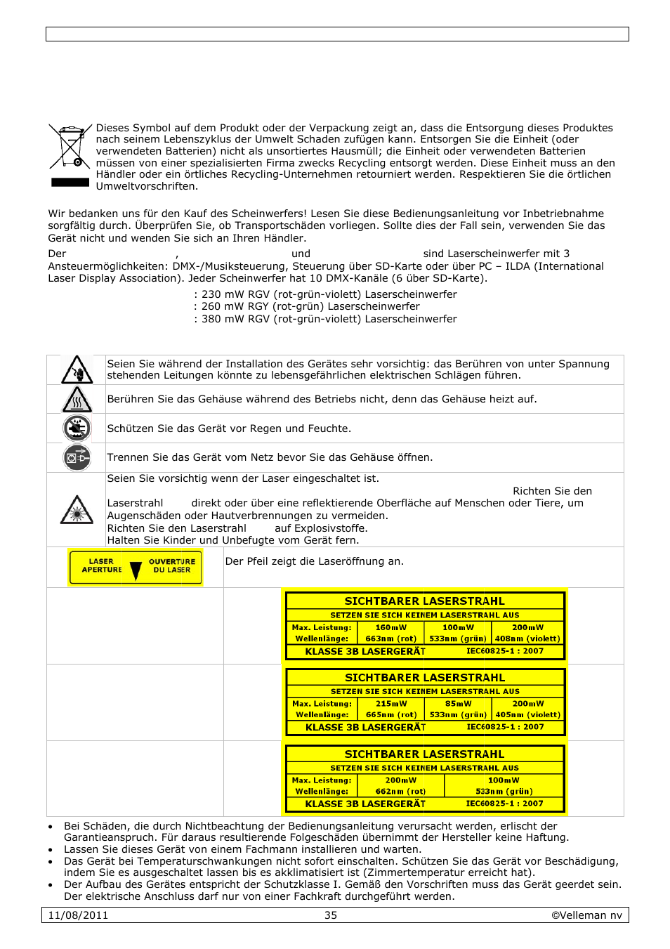 Bedienungsanleitung, Bedien, Ungsan | Nleitung, Einführ, Sicherh, Rung, Heitshinw, Weise | Velleman VDP2301RGVLD10 User Manual | Page 35 / 45