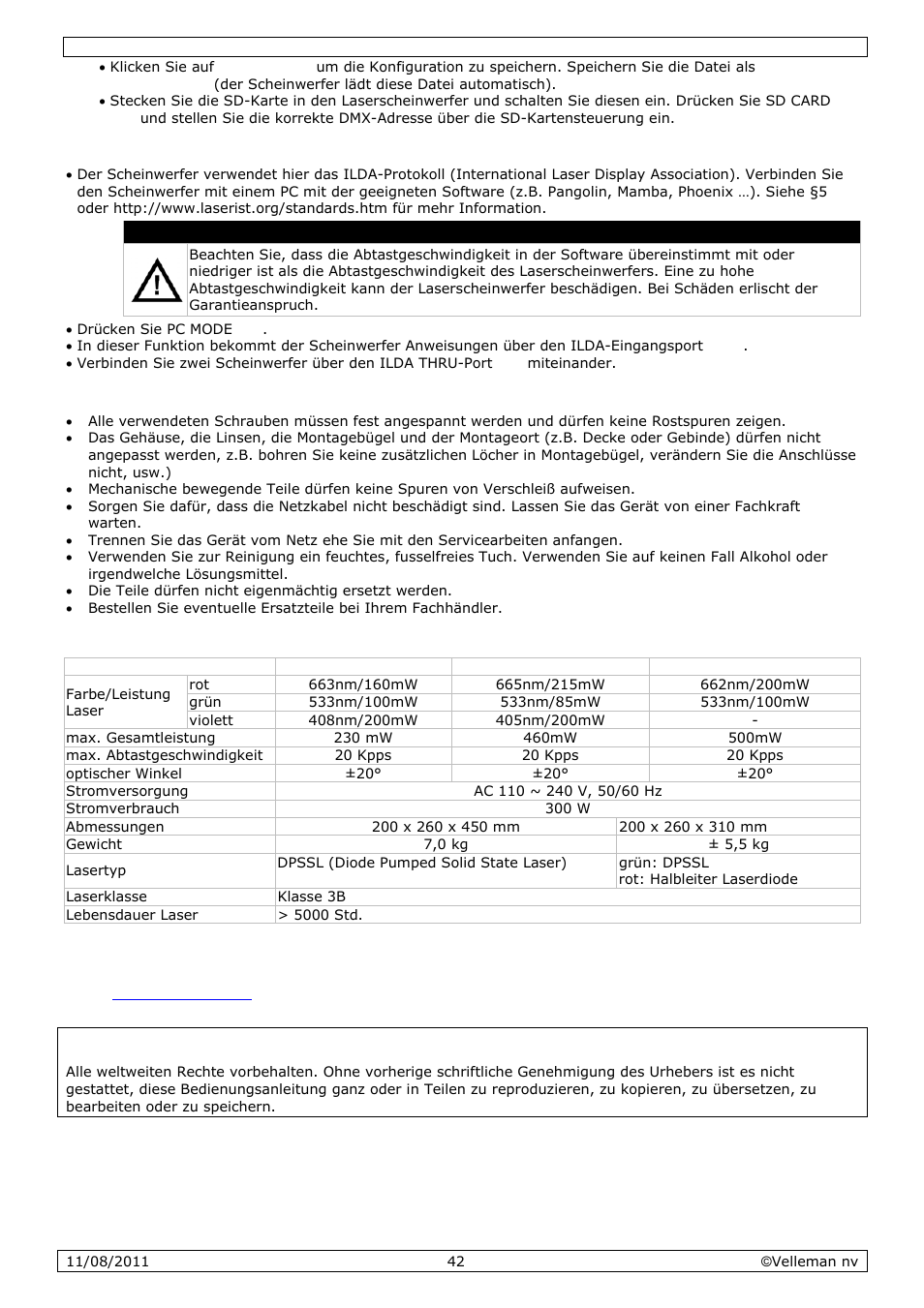 Reinigung und wartung, Technische daten | Velleman VDP2301RGVLD10 User Manual | Page 42 / 45