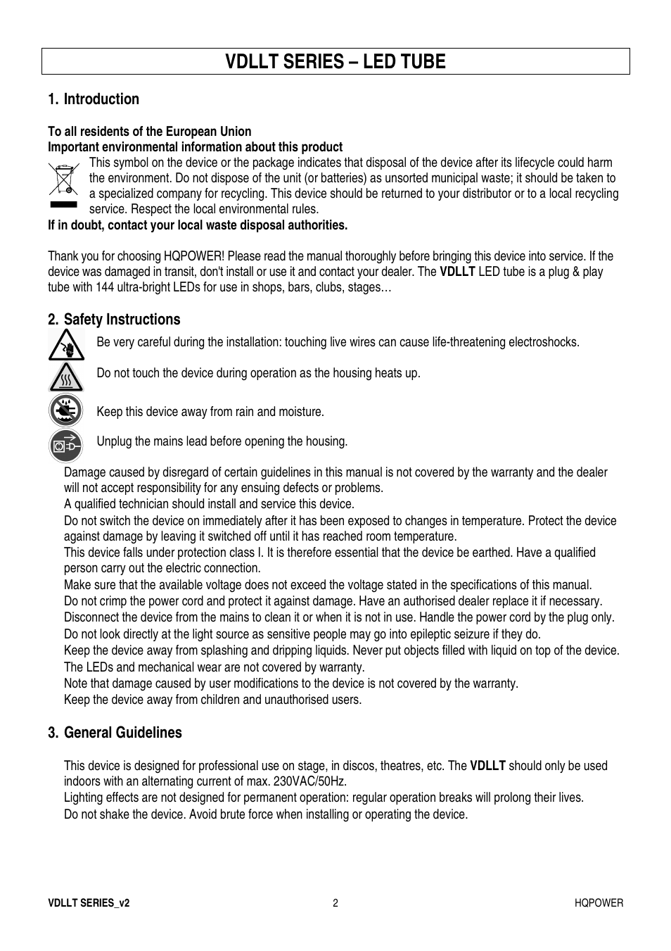 Vdllt series – led tube | Velleman VDLLT series User Manual | Page 2 / 16