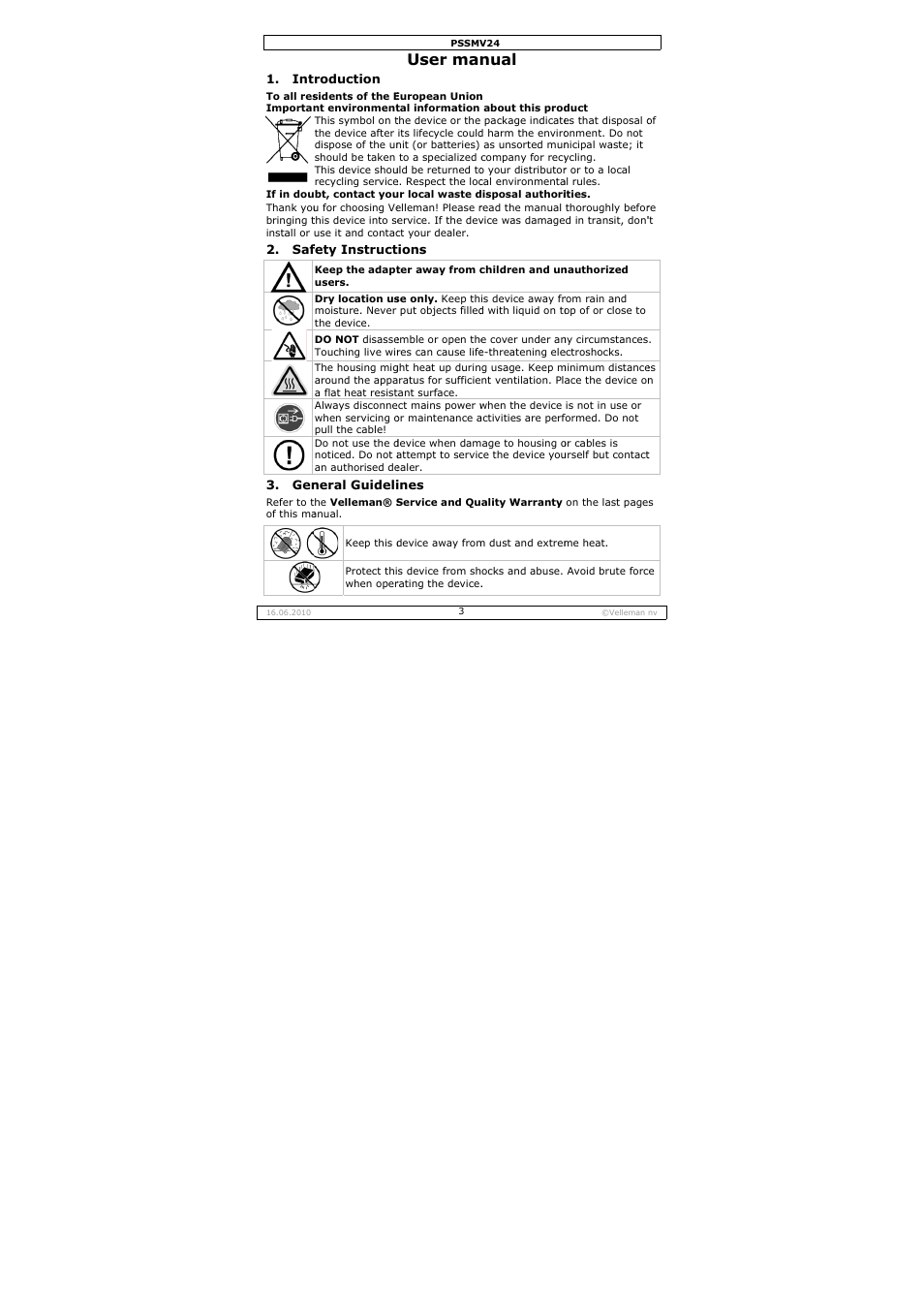 User man, Nual | Velleman PSSMV24 User Manual | Page 3 / 23