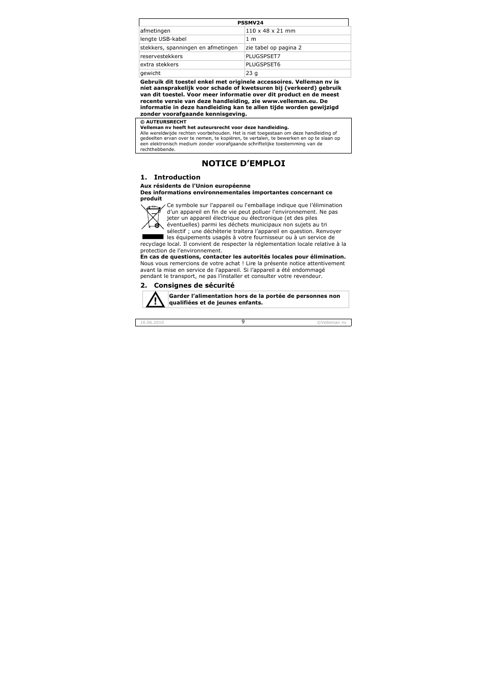 Otice d’e, Emploi | Velleman PSSMV24 User Manual | Page 9 / 23