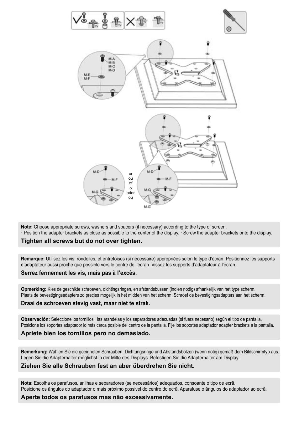 Tighten all screws but do not over tighten, Serrez fermement les vis, mais pas à l’excès, Draai de schroeven stevig vast, maar niet te strak | Apriete bien los tornillos pero no demasiado, Aperte todos os parafusos mas não excessivamente | Velleman WB035 User Manual | Page 8 / 14