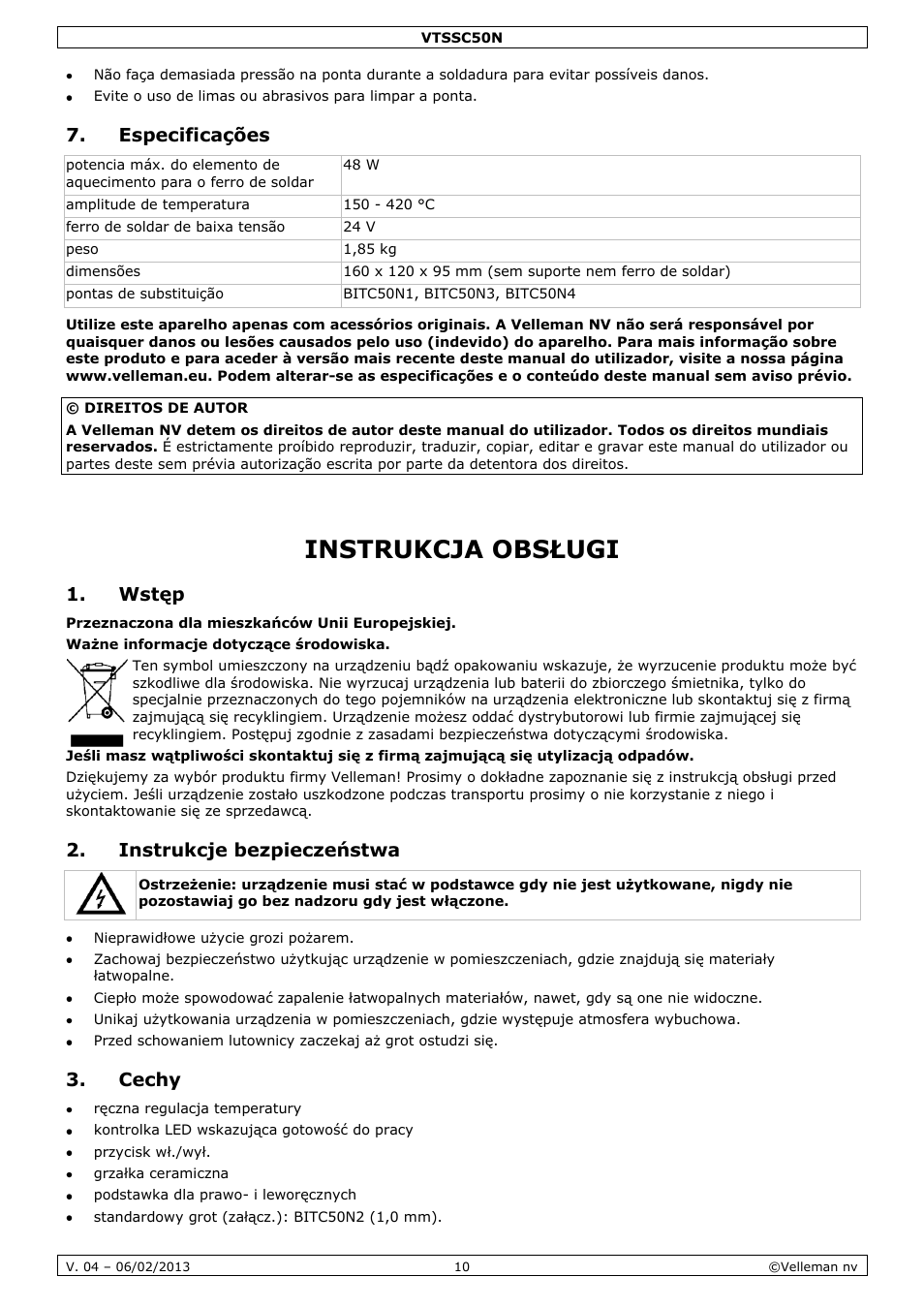 Especificações, Instrukcja obsługi, Wstęp | Instrukcje bezpieczeństwa, Cechy | Velleman VTSSC50N User Manual | Page 10 / 13