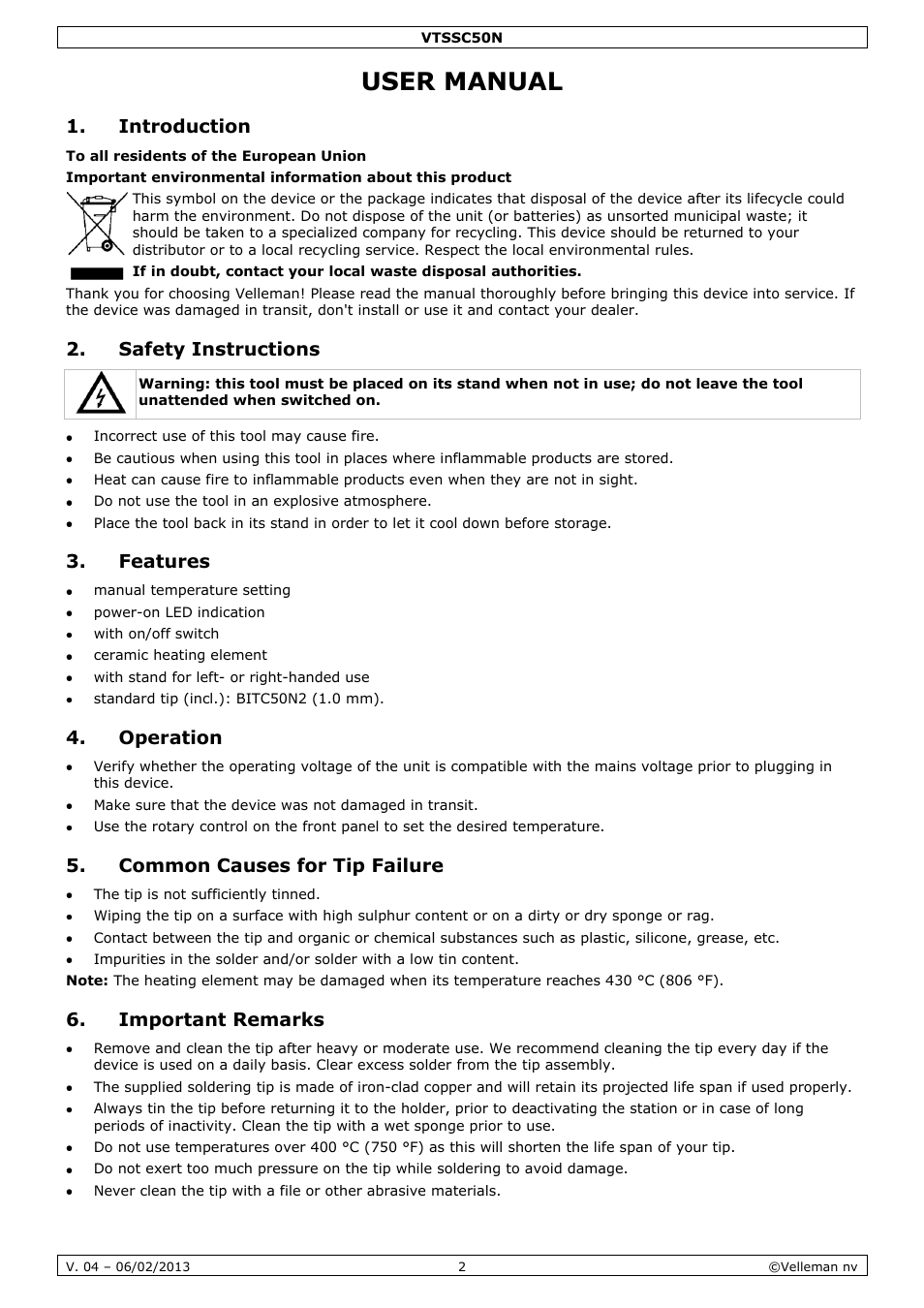 User manual, Introduction, Safety instructions | Features, Operation, Common causes for tip failure, Important remarks | Velleman VTSSC50N User Manual | Page 2 / 13