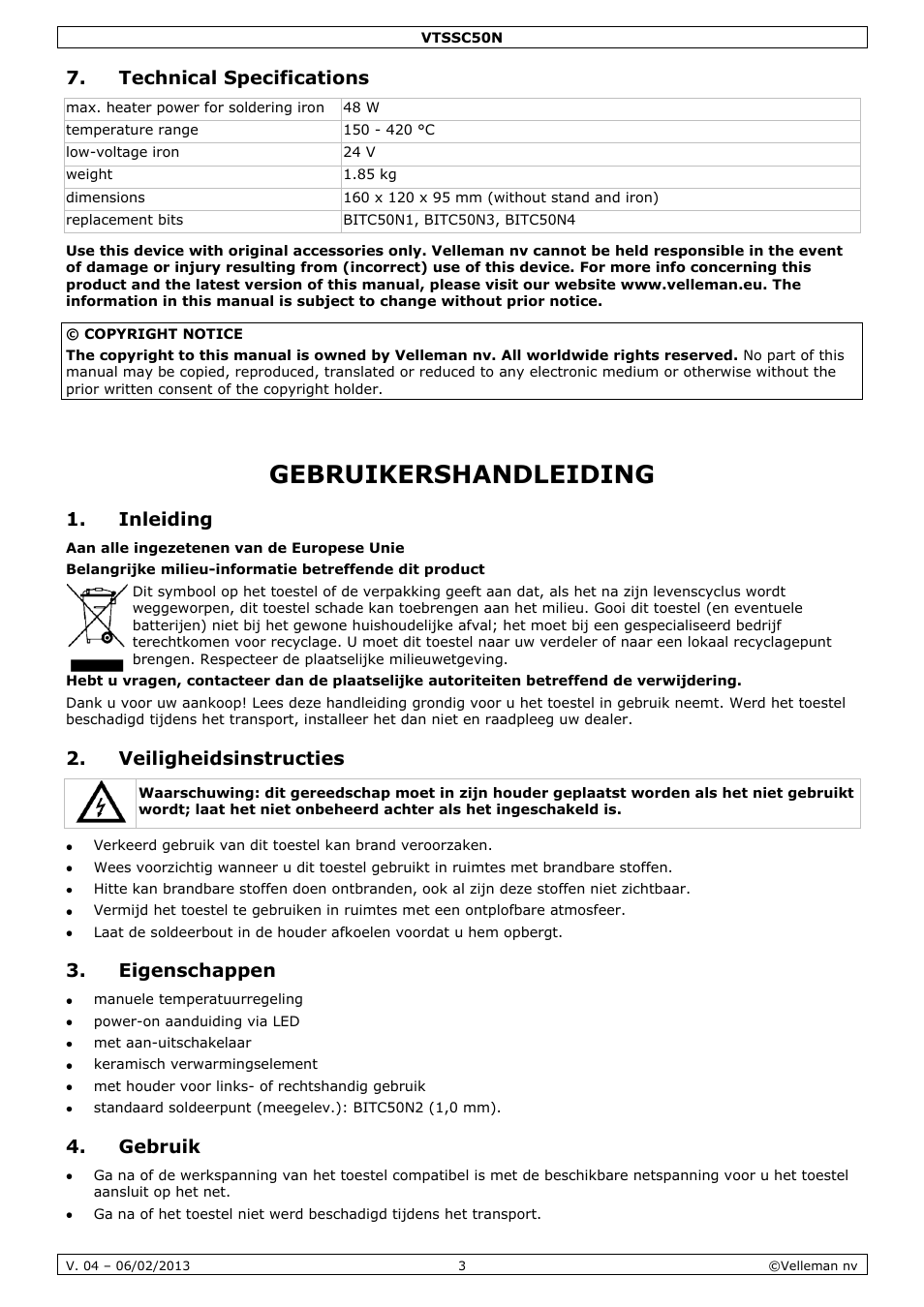 Technical specifications, Gebruikershandleiding, Inleiding | Veiligheidsinstructies, Eigenschappen, Gebruik | Velleman VTSSC50N User Manual | Page 3 / 13