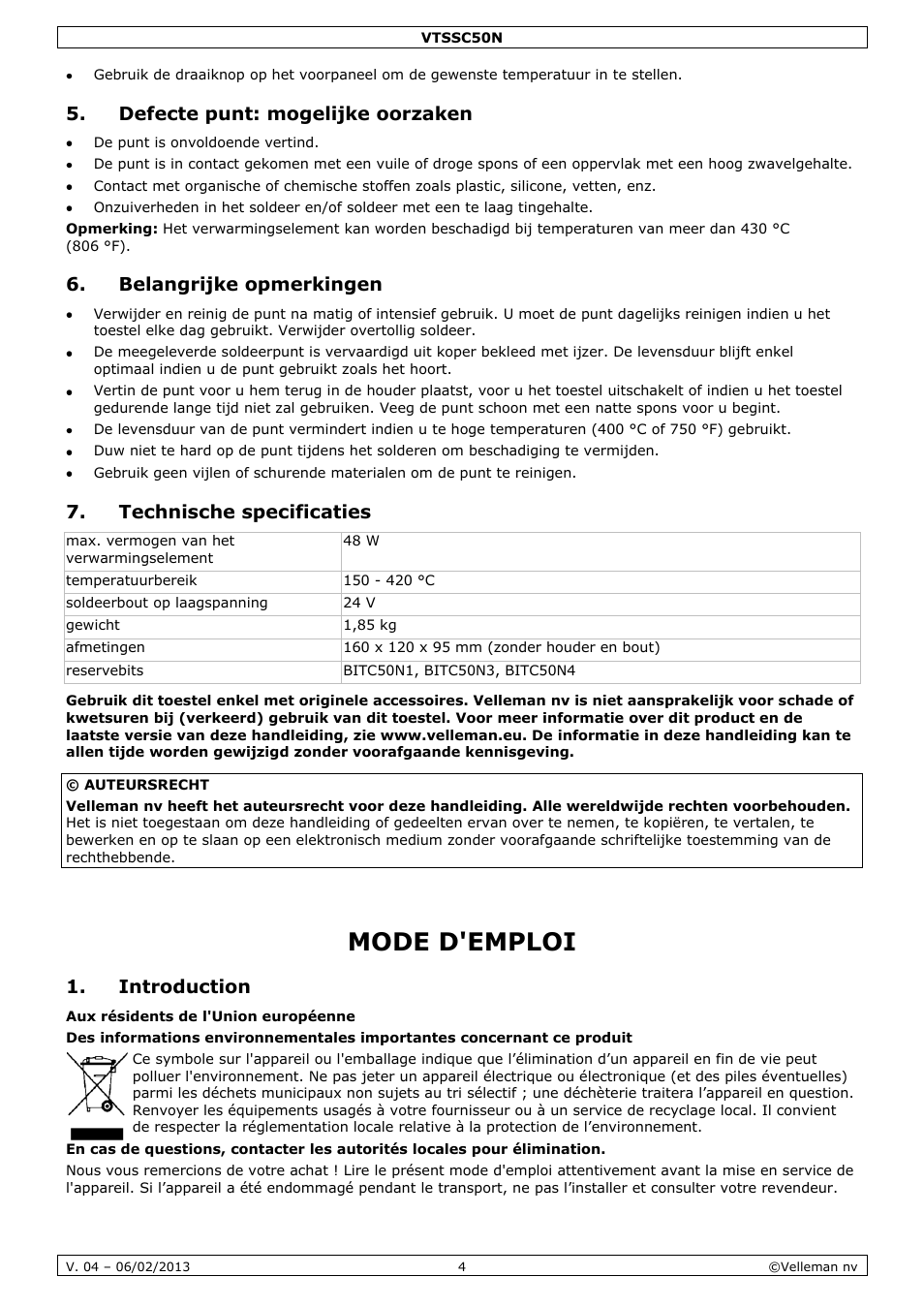 Defecte punt: mogelijke oorzaken, Belangrijke opmerkingen, Technische specificaties | Mode d'emploi, Introduction | Velleman VTSSC50N User Manual | Page 4 / 13