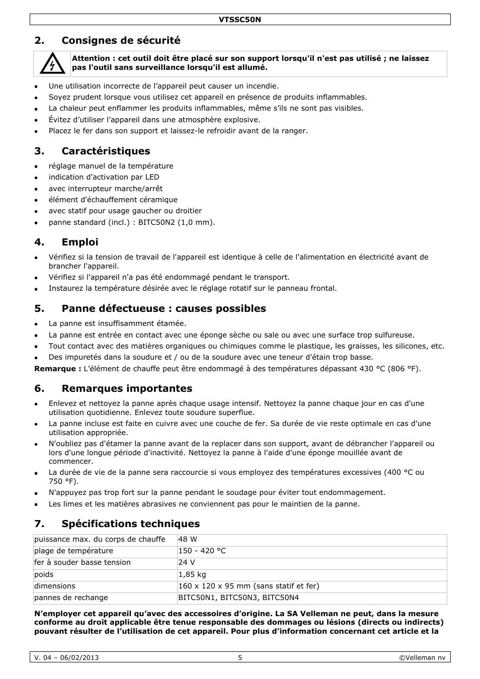 Consignes de sécurité, Caractéristiques, Emploi | Panne défectueuse : causes possibles, Remarques importantes, Spécifications techniques | Velleman VTSSC50N User Manual | Page 5 / 13