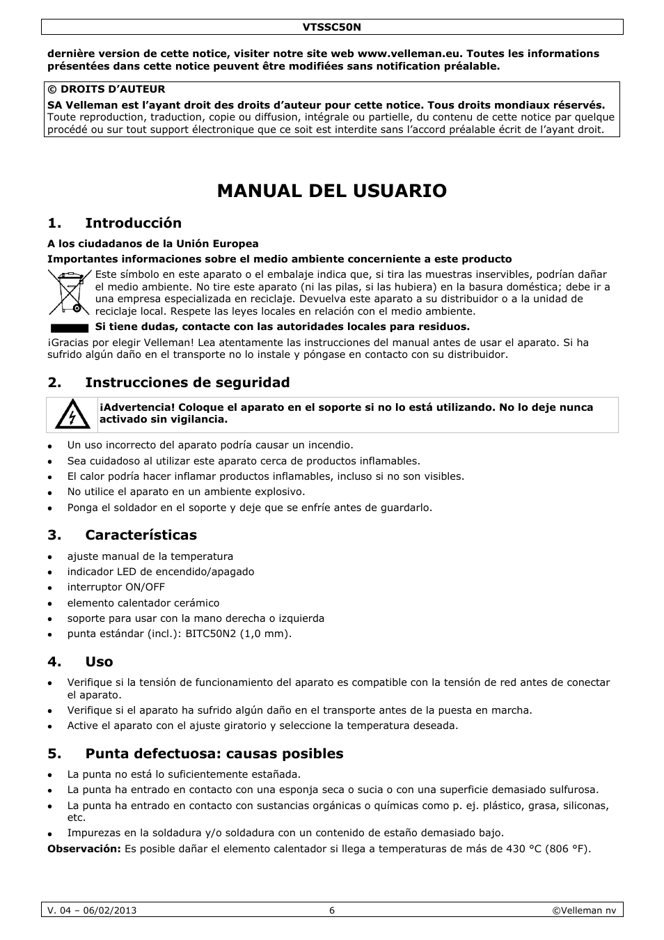Manual del usuario, Introducción, Instrucciones de seguridad | Características, Punta defectuosa: causas posibles | Velleman VTSSC50N User Manual | Page 6 / 13