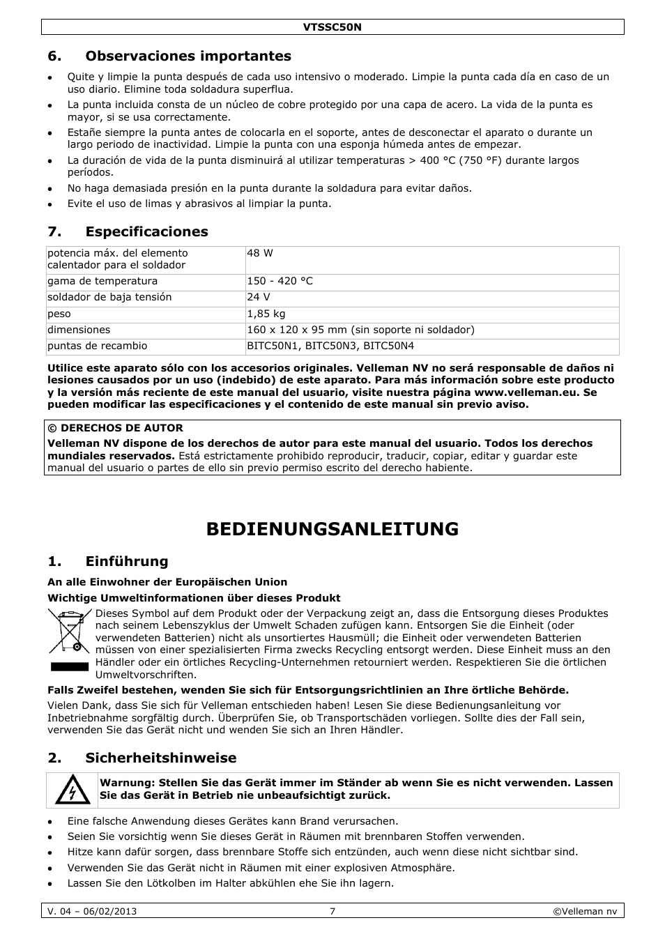 Observaciones importantes, Especificaciones, Bedienungsanleitung | Einführung, Sicherheitshinweise | Velleman VTSSC50N User Manual | Page 7 / 13