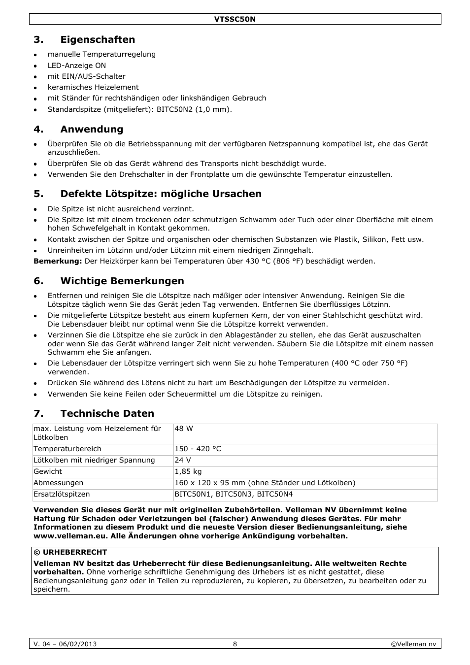 Eigenschaften, Anwendung, Defekte lötspitze: mögliche ursachen | Wichtige bemerkungen, Technische daten | Velleman VTSSC50N User Manual | Page 8 / 13