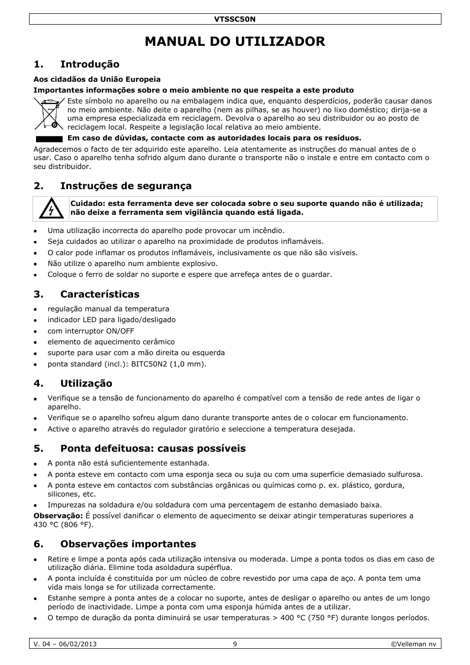 Manual do utilizador, Introdução, Instruções de segurança | Características, Utilização, Ponta defeituosa: causas possíveis, Observações importantes | Velleman VTSSC50N User Manual | Page 9 / 13