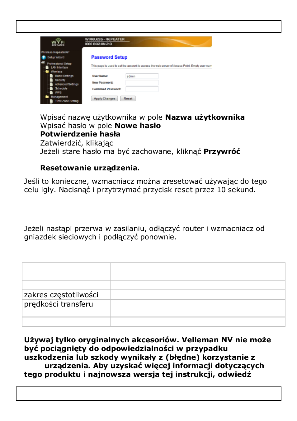 Resetowanie urządzenia, Przerwa w zasilaniu, Specyfikacja techniczna | Velleman WIFIR3 User Manual | Page 131 / 145