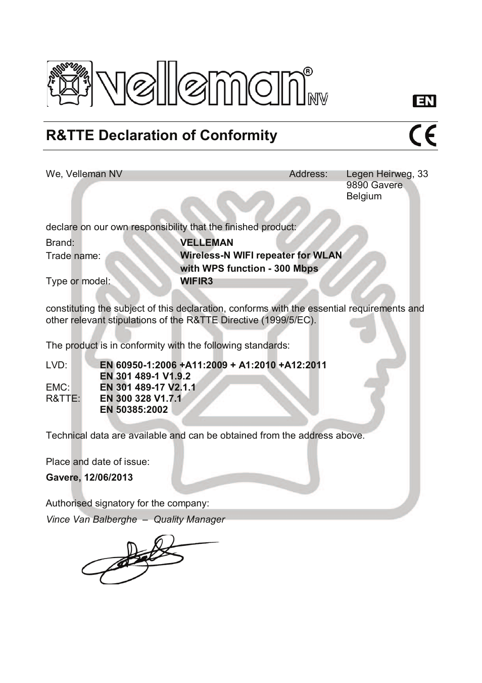 R&tte declaration of conformity | Velleman WIFIR3 User Manual | Page 133 / 145