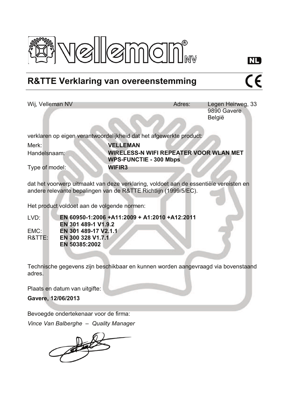 R&tte verklaring van overeenstemming | Velleman WIFIR3 User Manual | Page 134 / 145