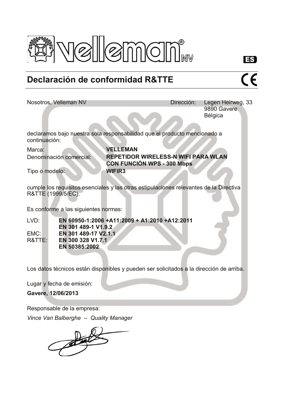 Declaración de conformidad r&tte | Velleman WIFIR3 User Manual | Page 137 / 145