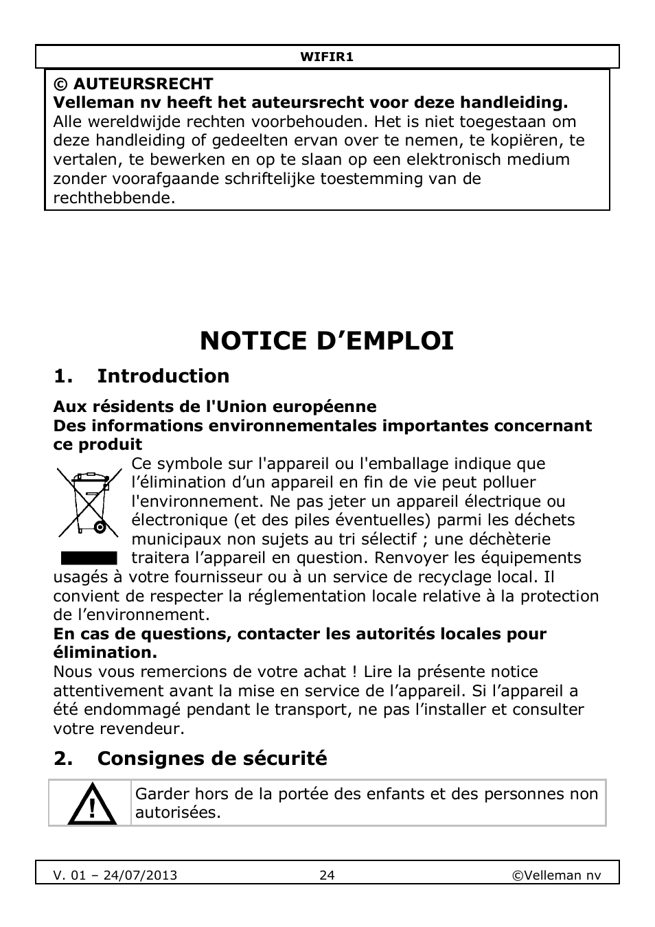 Notice d’emploi | Velleman WIFIR1 User Manual | Page 24 / 55