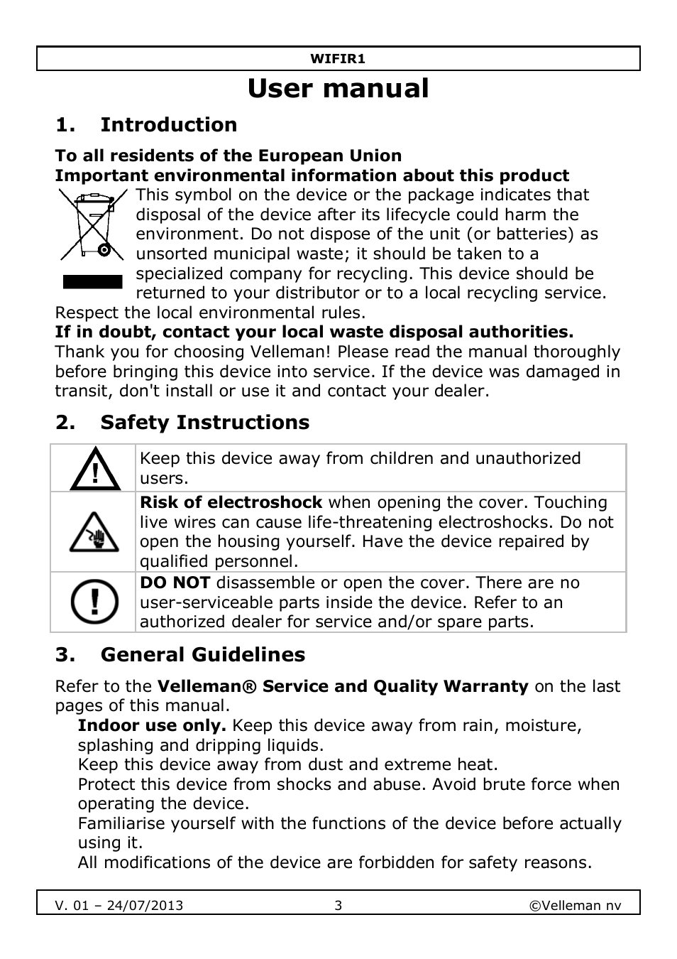 User manual | Velleman WIFIR1 User Manual | Page 3 / 55